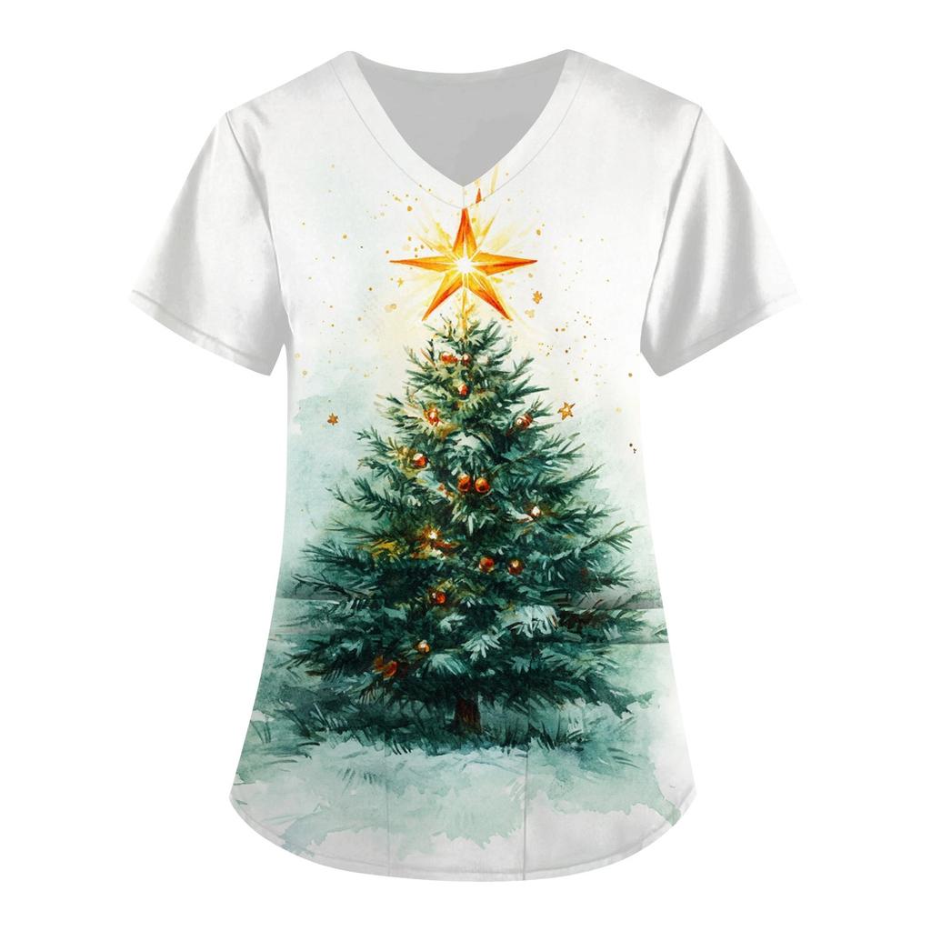 Женская симпатичная рабочая одежда с принтом, V-образным вырезом, двухслойными карманами, базовым коротким рукавом, пуловером на Рождество