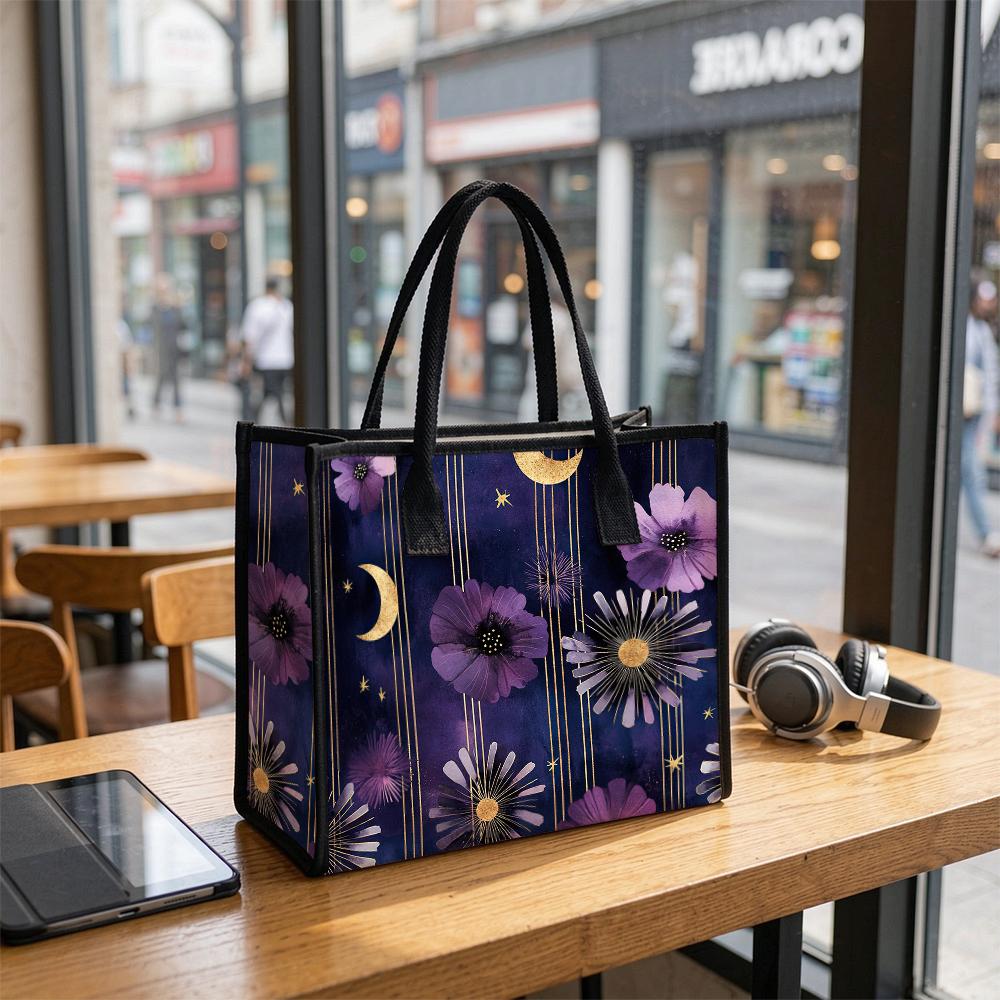 Purple Floral Star Moon Print Large Casual Tote Bag for Daily Outing Shopping