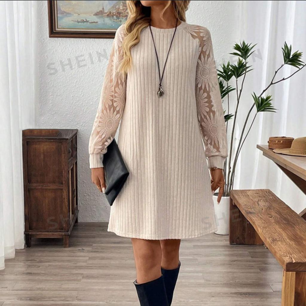 Женское модное повседневное платье с круглым вырезом, рубчатое, со шнуровкой, пуловер, с длинным рукавом