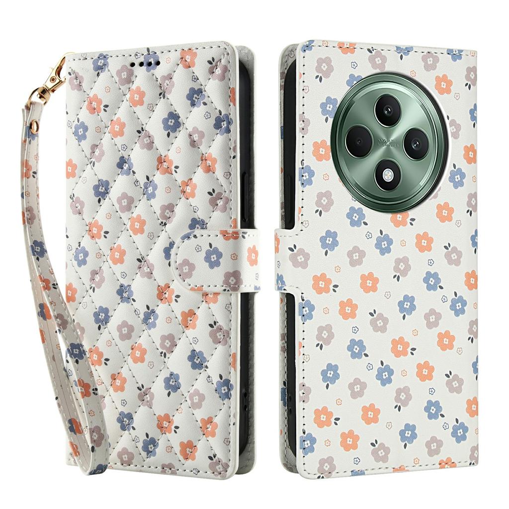 Wallet Case for Oppo Reno12 F 5G/4G/F27 5G Rhombic Floral Design Leather Flip Phone Cover with Strap