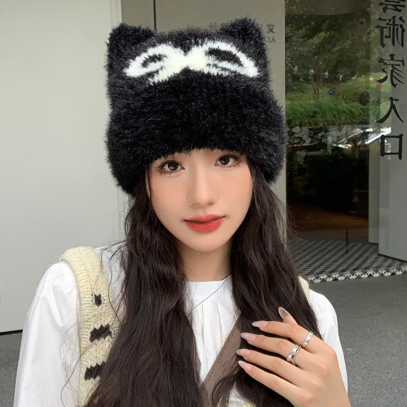 Hat Women'S Bow Cat Ear Knitted Fluffy Hat Winter Warm Wool Ear Protector