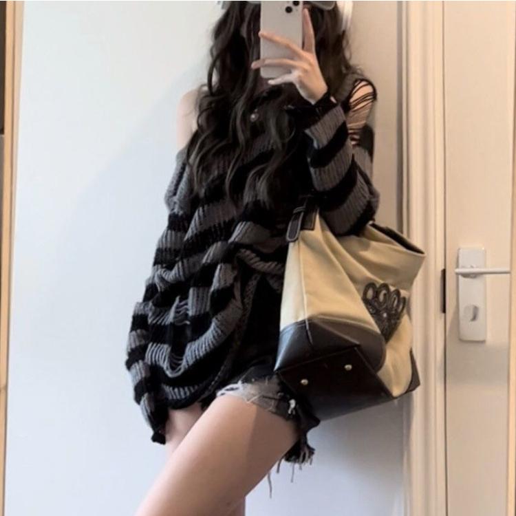 Gothic Streetwear Striped Knitted Sweater Women Harajuku Punk Hollow Out Jumper Hole Loose All-match Tops Grunge E-girl