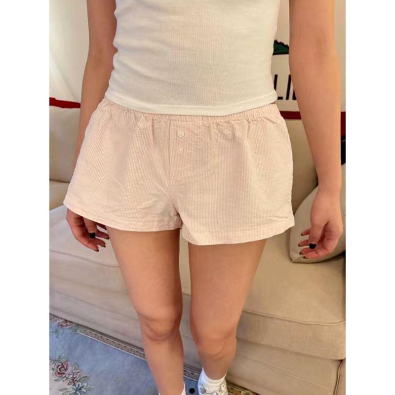 American Style BM Sense Sexy Low Waist Stripes Casual Pants Women's Slim Looking Easiest for Match Two Buttons Cotton Home Pants Summer Outwear