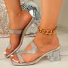 Popular Gold Silver Chunky Heel Women Sandals 2025 Spring New Rhinestone Decor Zapatos Big Square Toe Beach Sandels