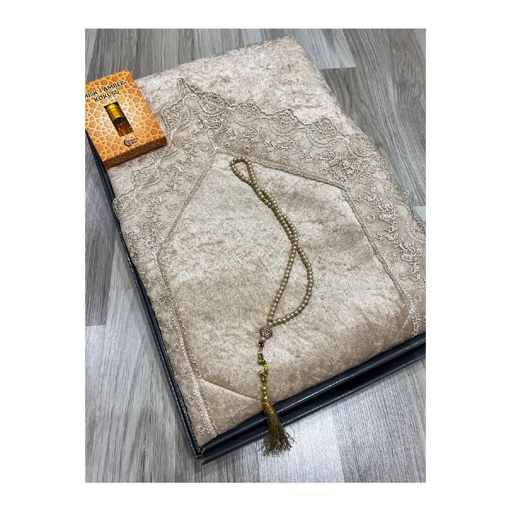 3 Piece Prayer Rug Set, Dowry Bundle Boxed, Velvet Laced Bride And Groom Set