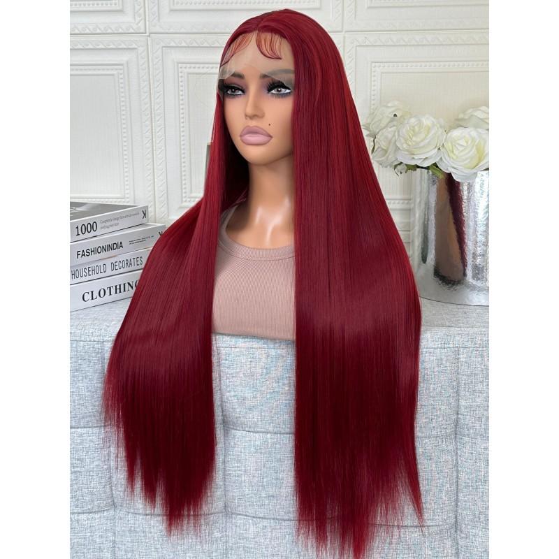 Wine Red Straight Lace Front Wig Women Full Cap Synthetic Hairpiece Heat Resistant Fiber 18-40 Inch Lengths
