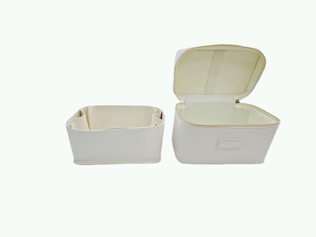 Portable Cross-Grain Leather Cosmetic Bag with Gold Hardware - Makeup and Skincare Travel Organizer