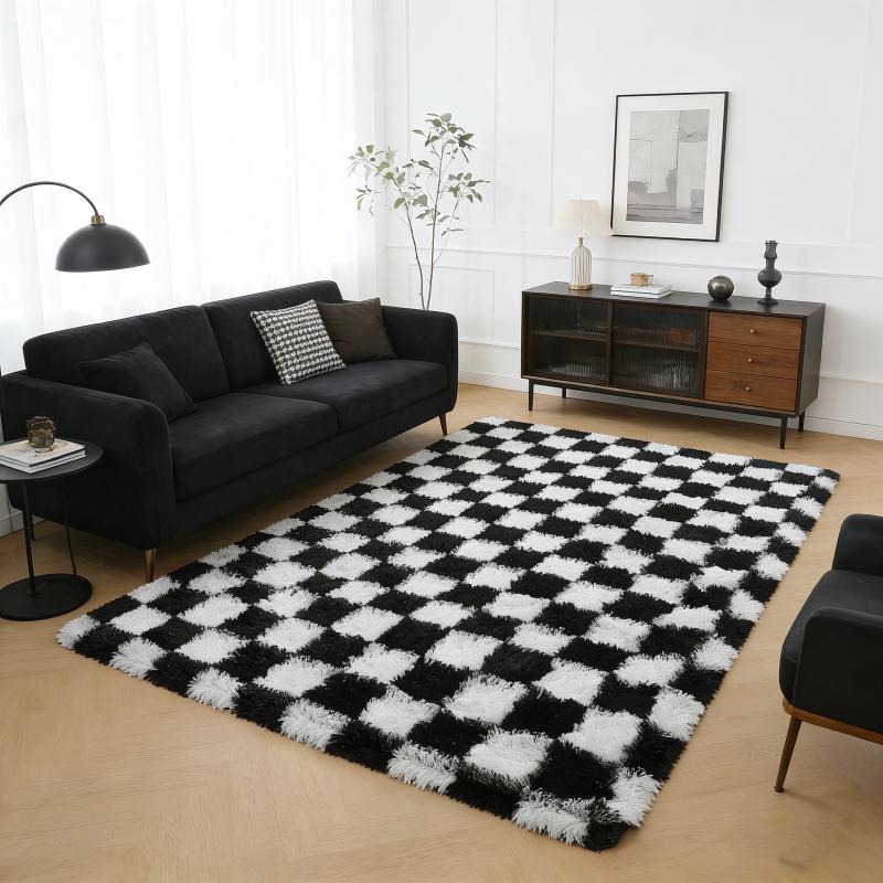 Checkered Plush Rug Soft Fluffy Carpet for Living Room Bedroom Home Decor Shaggy Floor Mat Bedside Rug