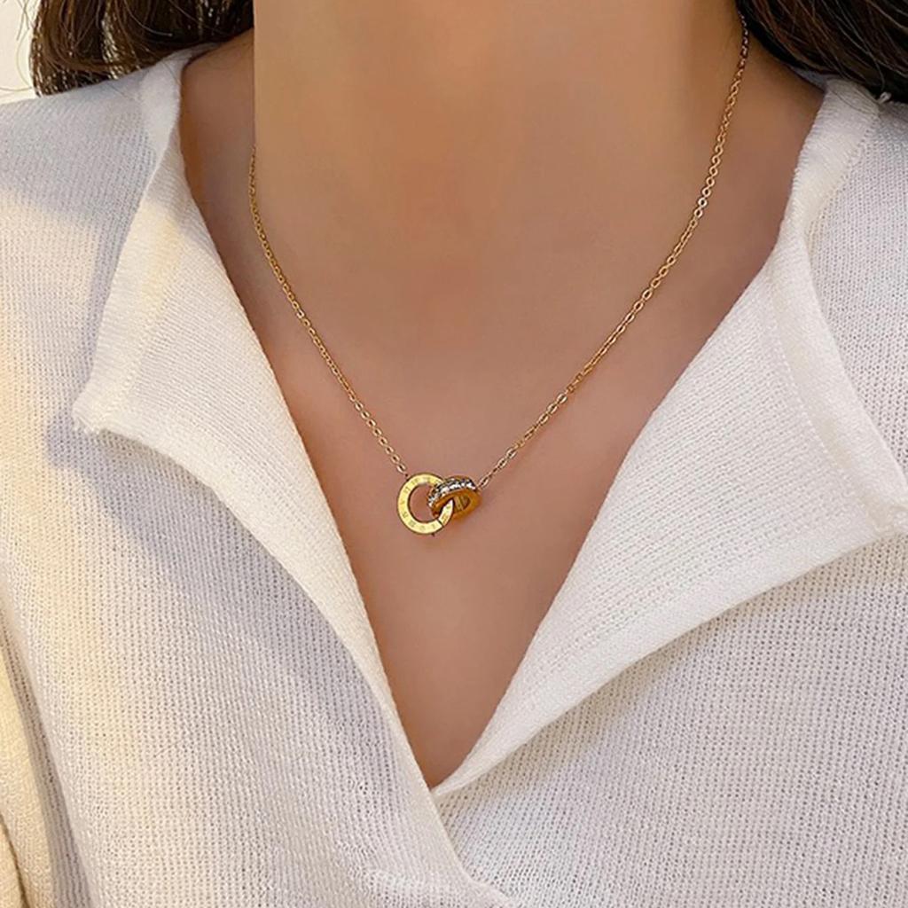 18K Gold Plated Stainless Steel Interlocking Circles Infinity Style Roman Numbers Wedding Statement Collar Necklace For Women