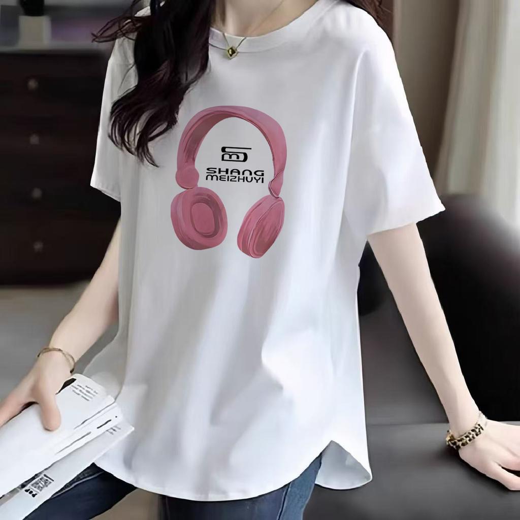 Pure Cotton Front Shoulder Short-sleeved T-shirt for Women's Summer New Korean Style Loose and Fashionable Printed Curved Hem Cover Top
