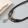 PU Leather Natural Boho Leaf Necklace Pendant, Wooden Beads, Ethnic, Long Chain