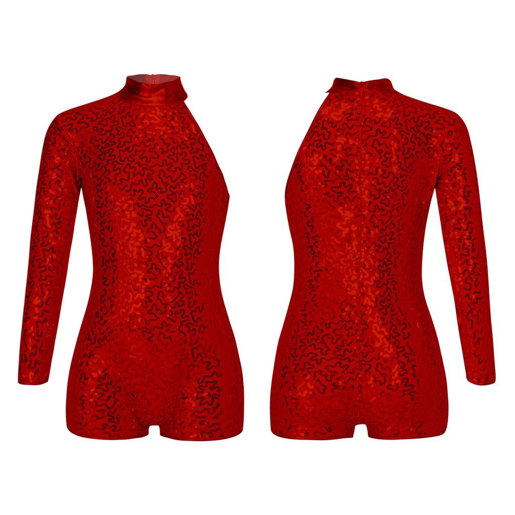 Kids Girls Sequins Single Long Sleeves Ballet Gymnastic Leotard Biketard Unitard Jazz Latin Dance Bodysuit Dancewear