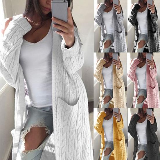 Knitted Coat Double Pockets Warm Skin-Touch Trendy Cardigan Style Pure Color Mid-Length Sweater Female Knitwear