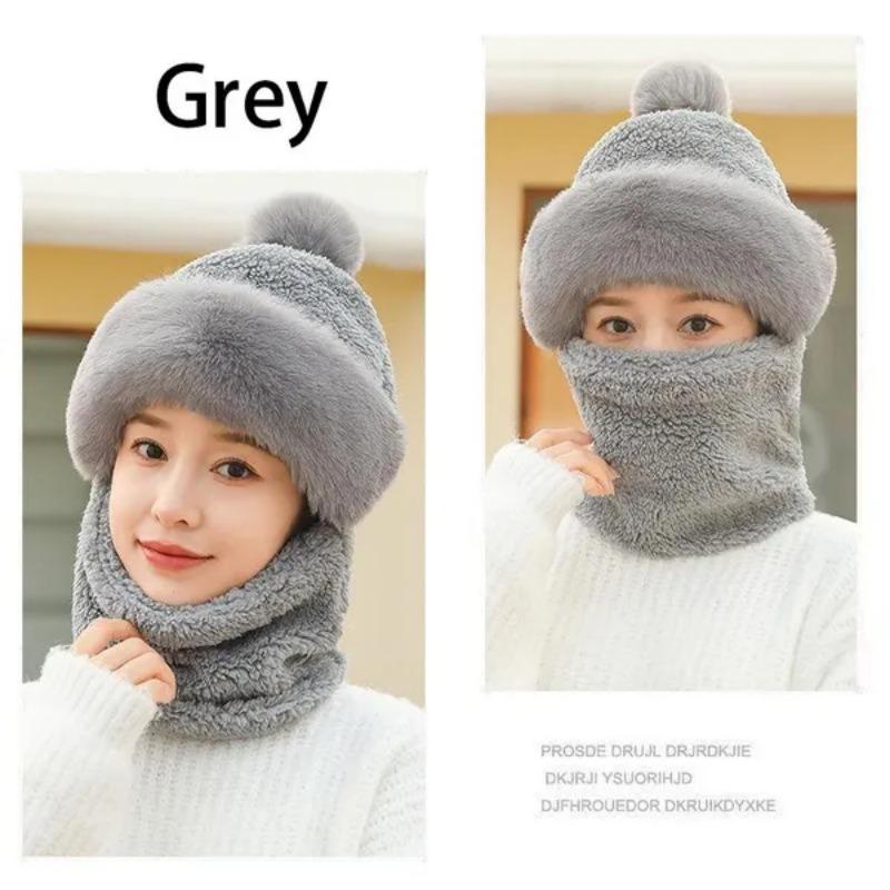 Winter Scarf Set Hooded Women's Plush Scarf Warm Hat Outdoor Ski Windproof Hat Thickened Plush Fluffy Woolen Hat