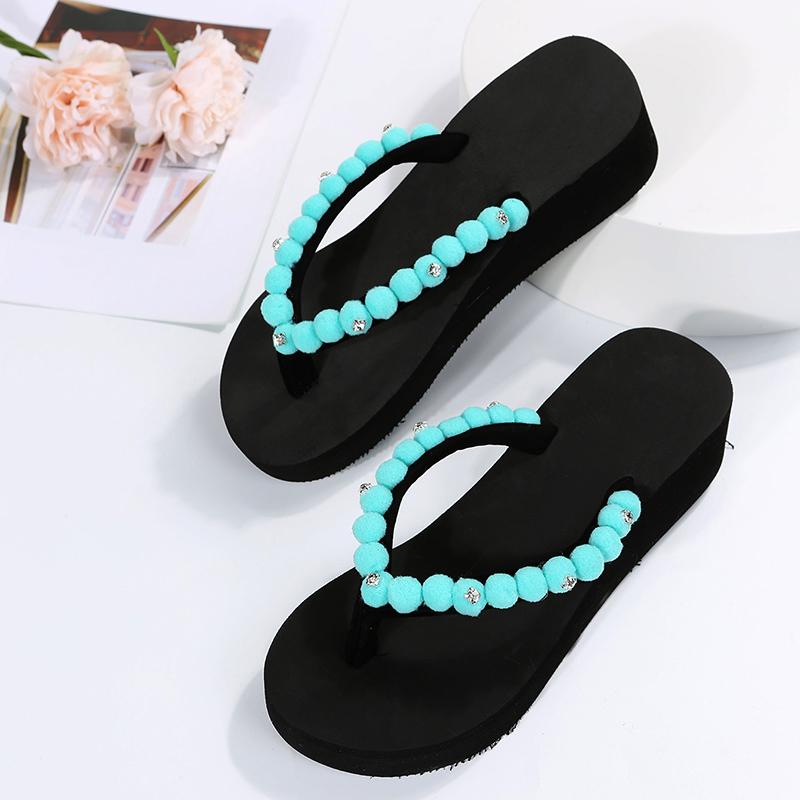 Fashion Casual Yarn Ball Decoration Flip Flops Women 2025 Summer Round Toe Black Wedge Heels Slippers Comfortable Non Slip Beach Sandals