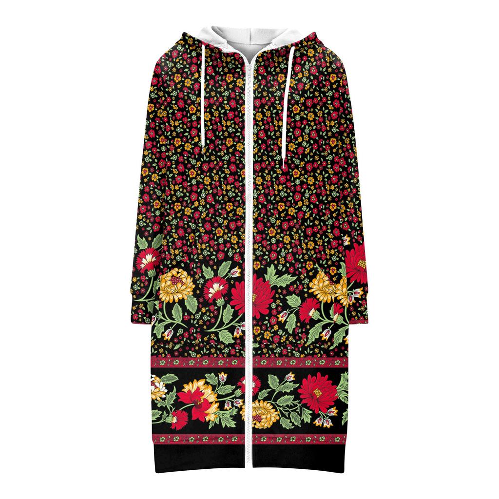 Women's Fashionable Printed Long Sleeved Drawstring Hooded Zipper Pocket Long Casual Sweatshirt Jacket