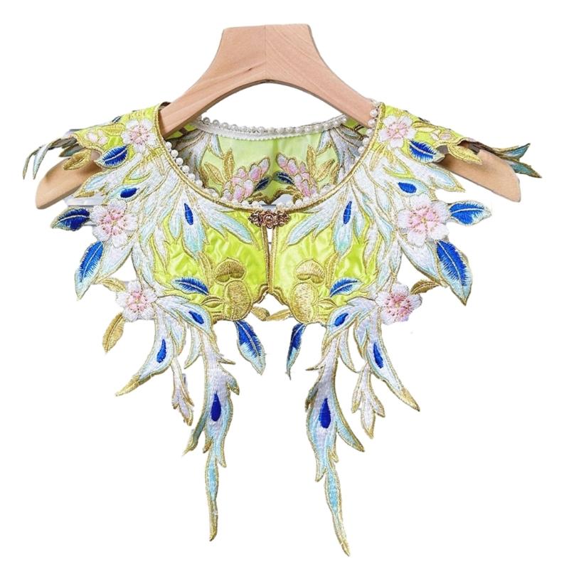 Exquisite Small Shawl with Ancient Style Embroidery Floral Pearl Beading Neckline Fake Collar Hanfu Costume Accessory