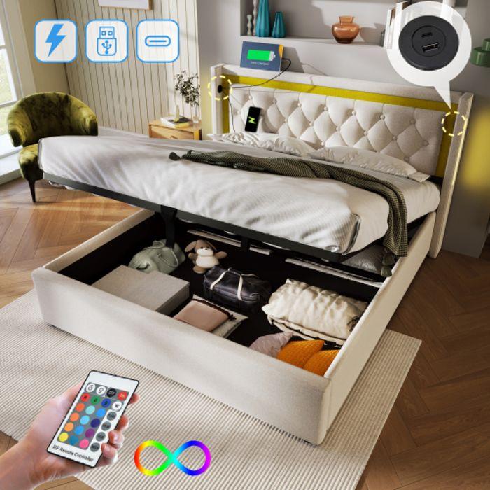 Lit LED - MUVOE - 160x200 - Tête de lit avec rangement - Chargeur USB - Design contemporain