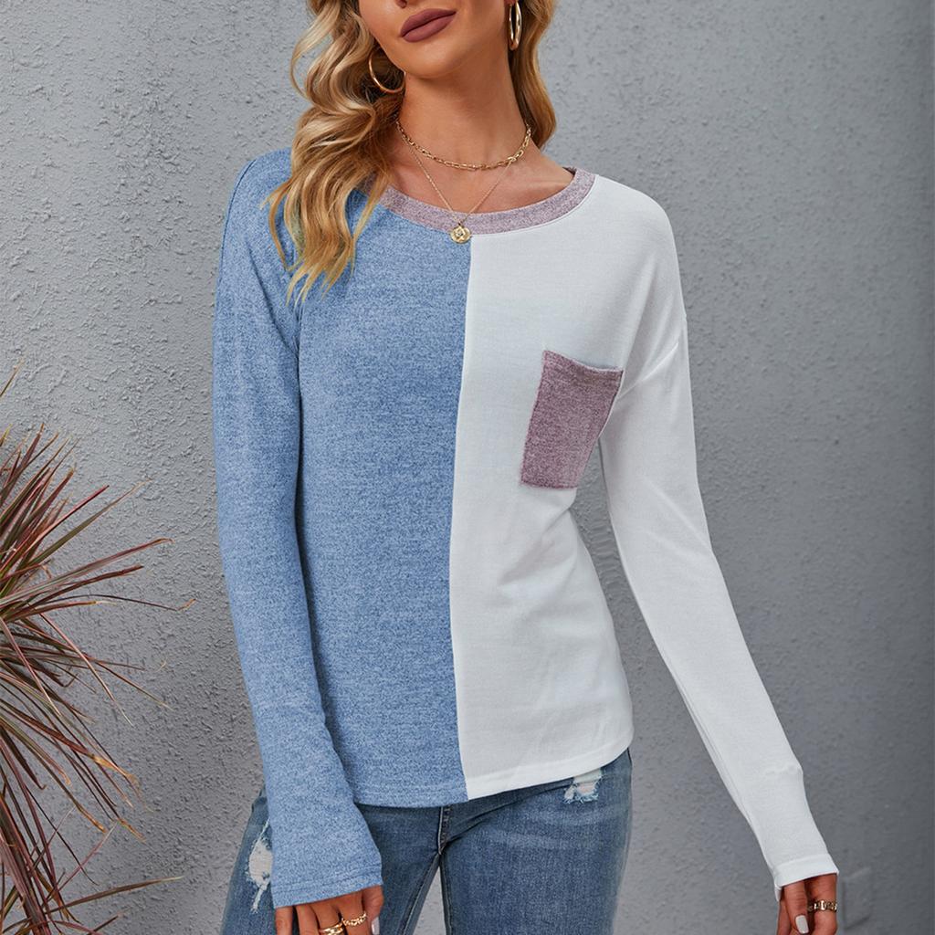 Женская повседневная футболка с длинным рукавом и круглым вырезом в стиле пэчворк, свободный женский топ