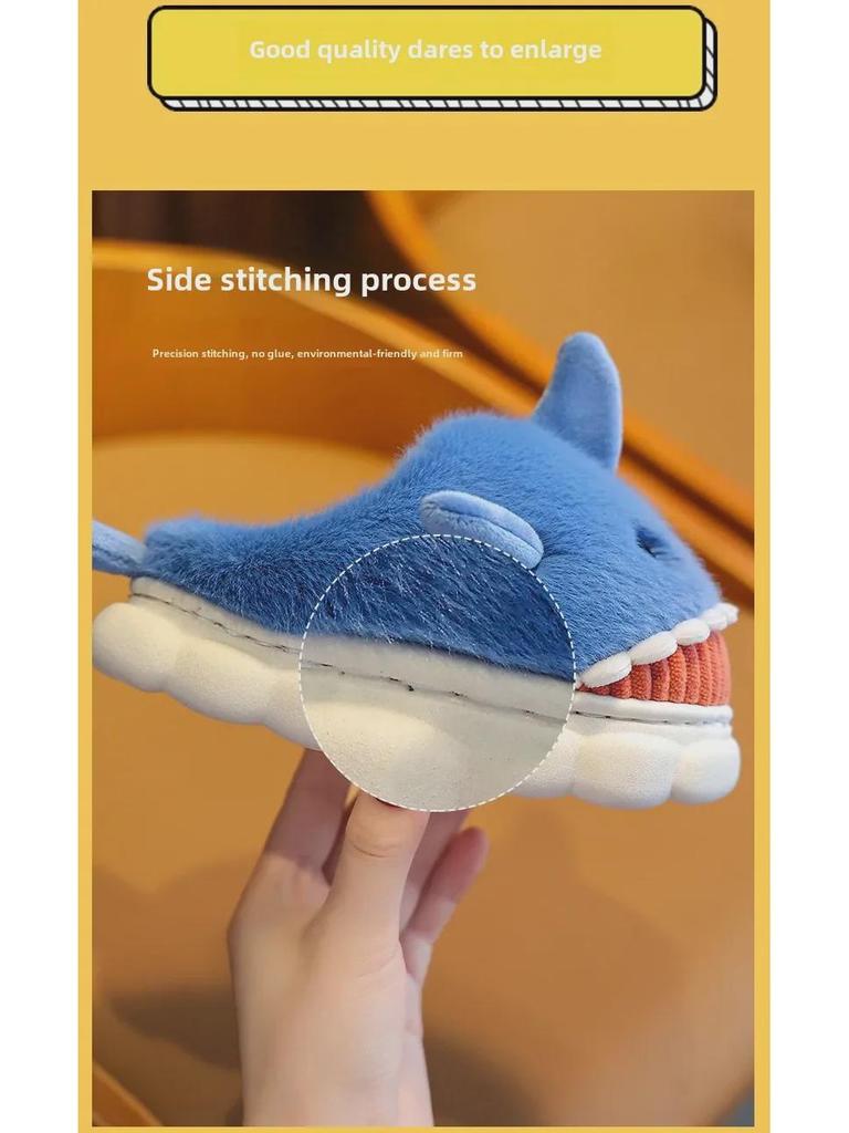 Детские милые хлопковые тапочки с рисунком акулы для мальчиков и девочек - домашние тапочки на толстой подошве для осени и зимы