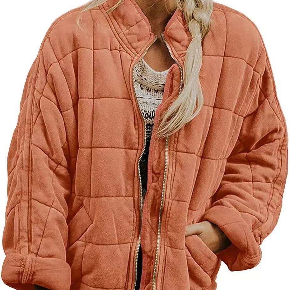 Women's Causal Lightweight Quilted Jackets Long Sleeve Oversized Warm Winter Zip Up Coat with Pockets