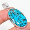 Copper Blue Turquoise Gemstone 925 Sterling Silver Jewelry Pendant 1.89"