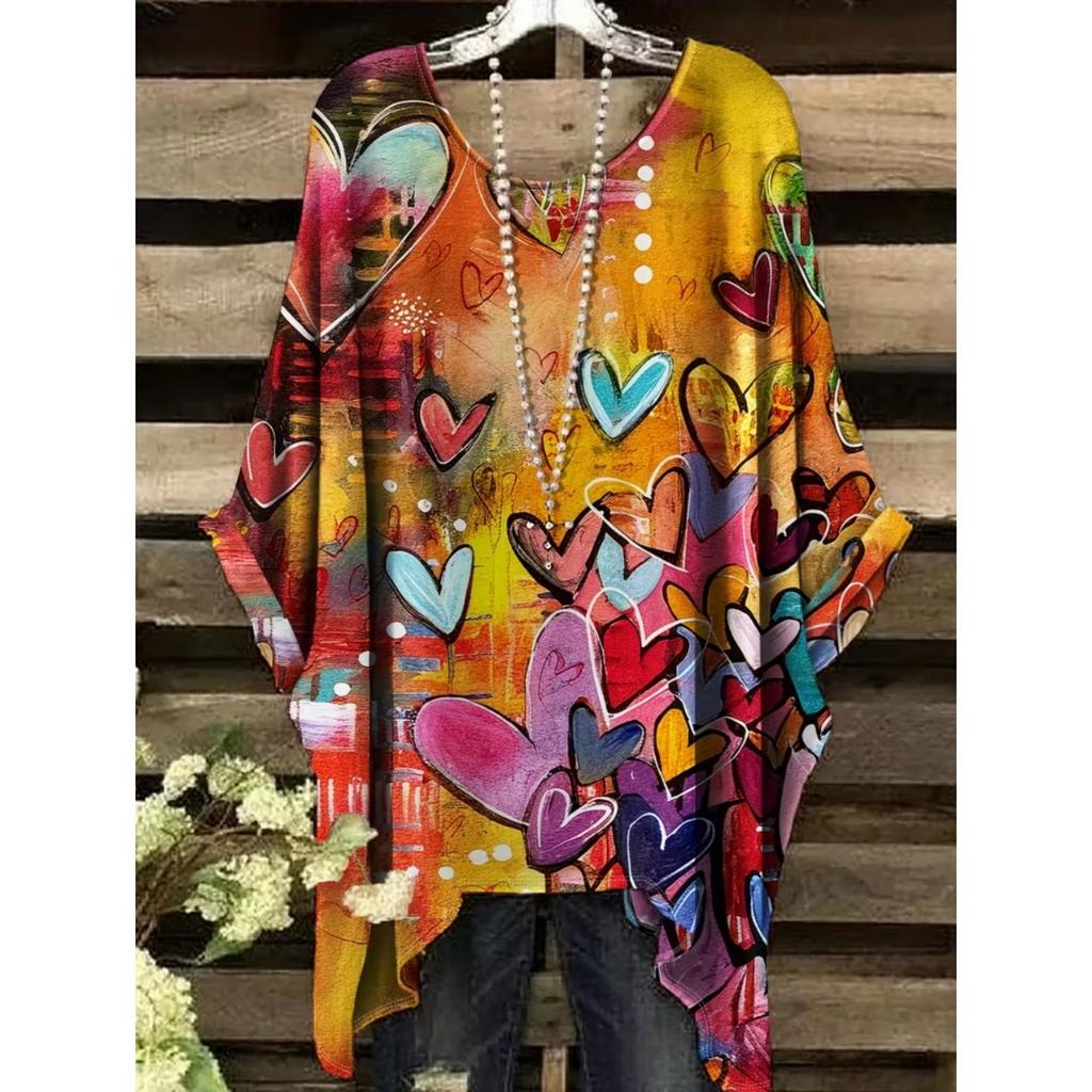 Elegant Bohemian Chic Oversized Simple Retro Love Print Print Women's T-Shirt Asymmetrical Hem O-Neck Versatile Women's Clothing