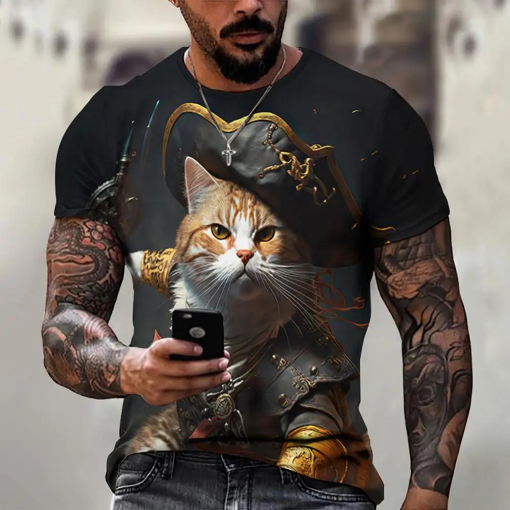 Мужская 3D-печатная футболка Милый рисунок кота Короткий рукав Круглый вырез Пуловер Повседневный топ