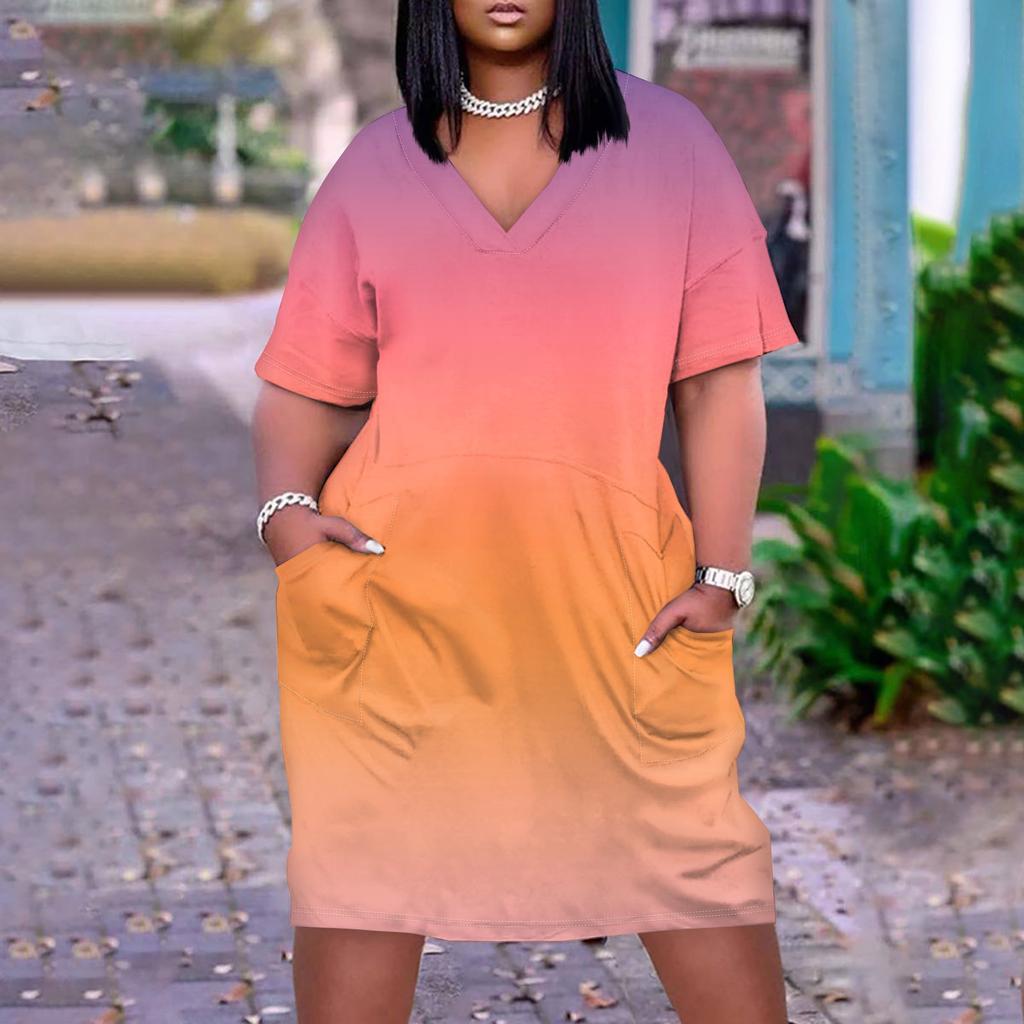 Лето плюс размер V-образным вырезом с коротким рукавом и карманом до колена с градиентным принтом повседневное платье для женщин