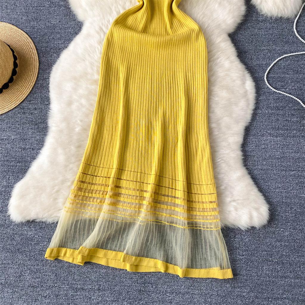 Летние женские милые короткие рукава вязаный свитер сетчатый пэчворк длинные миди пуловеры платья