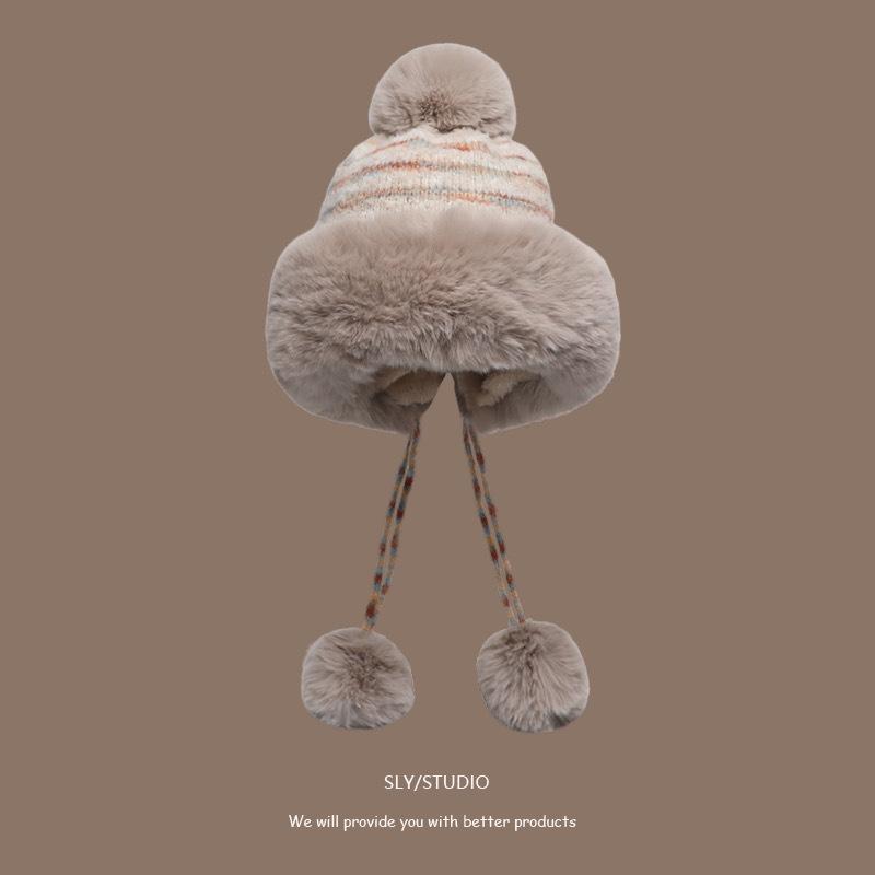 Женская шерстяная шапка на осень и зиму, милая шерстяная шапка с помпоном, с защитой ушей, новая плюшевая теплая шапка-ушанка, кружевная вязаная шапка с помпоном