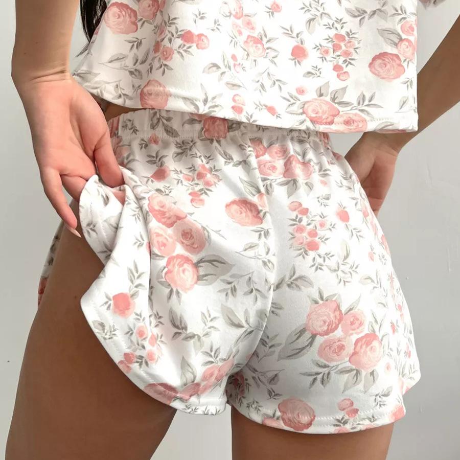 2025 Summer Thin Cotton Flower Print Pajamas Set for Women Homewear Sexy Loose Short Sleeve Crop Tops and Shorts 2 Pieces Short Pijamas Sleepwear
