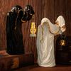 Ghost Wizard Figurine Halloween Ghost Statue with Light-up Lantern Vintage Gothic Ghost Sculpture for Indoor Mantel Cabinet Decoration