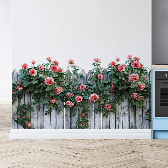 Наклейка на стену 'Розовый куст у забора' Съемная Водонепроницаемая ПВХ Наклейка с узором из красных цветов Декор стены для дома Офиса Гостиной Спальни Наклейка