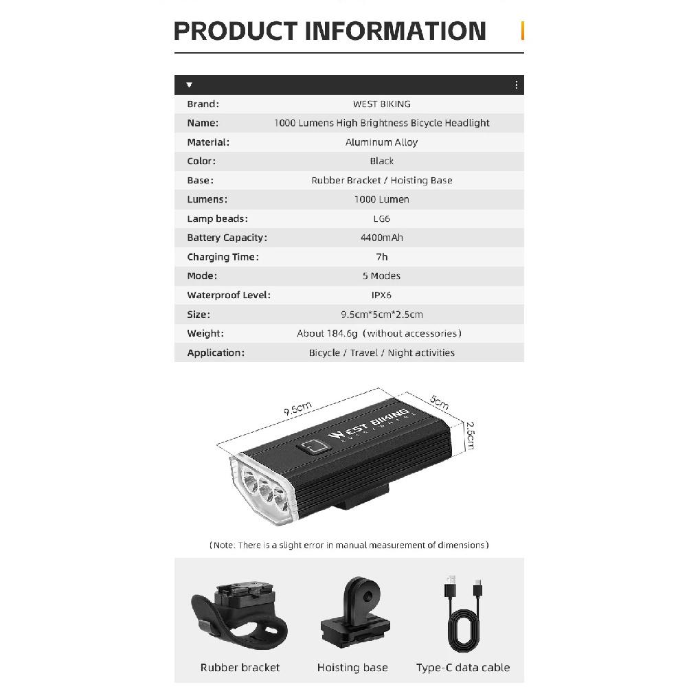 WEST BIKING 1000 Lumen Bike Light IPX6 Waterproof Bicycle Headlight High Brightness Portable LED Flashlight Bicycle Accessories