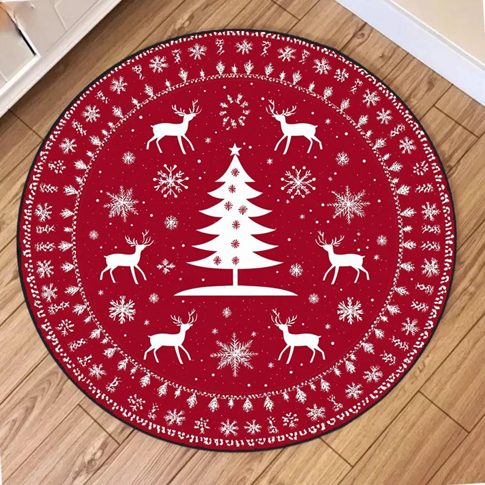 Christmas Red Deer Printed Round Carpets for Home Living Room Rug Bedroom Decor Rug Non Slip Washable Flannel Floor Mat
