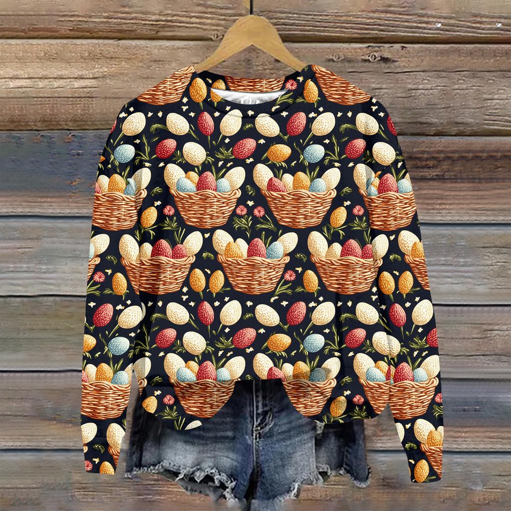 Женская мода Пасха Печатный Длинный рукав Свободный круглый вырез Толстовка Топ