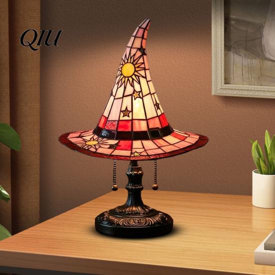 Fantasy Glass Lampshade Stained Style Witch Hat Lamp, USB Powered Resin Wizard Night Light Dorm Room Desk Lamp with Sun Star, Gothic Halloween