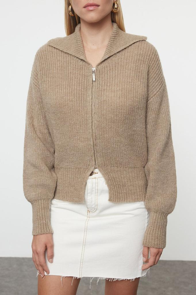 Женский модный стильный кардиган из норки, более устойчивый мягкий текстурированный трикотаж на молнии с отложным воротником, кардиган