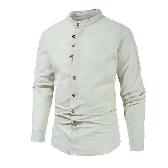 Мужская льняная рубашка, повседневная, с длинным рукавом, на пуговицах, однотонная, мужская, пляжная, с воротником-стойкой, летняя рубашка