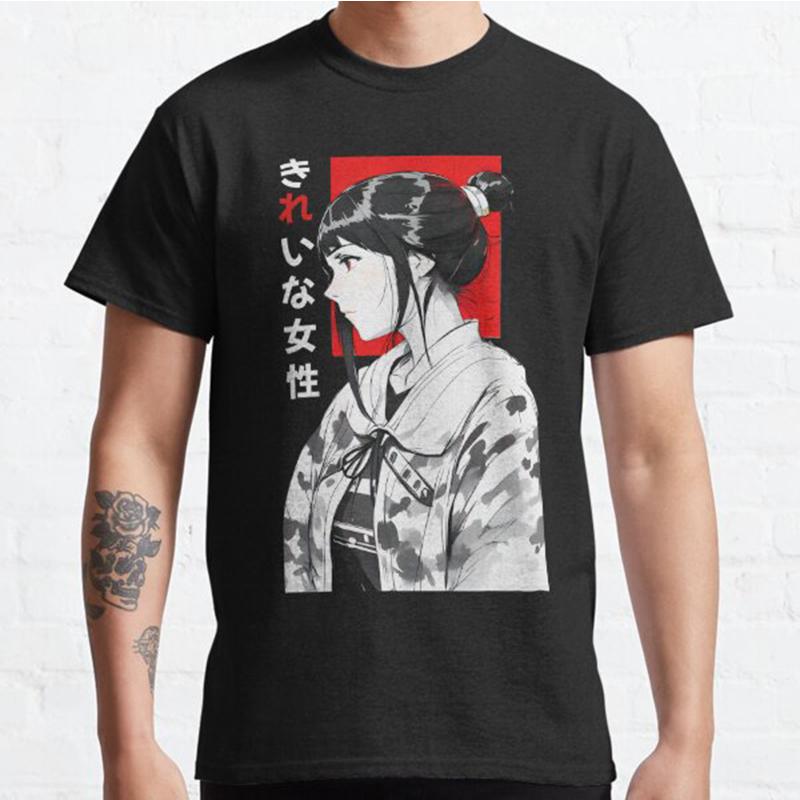 Summer Men Fashion Casual Short Sleeves Anime Girl In Kimono Black Tees Oversized T-shirts