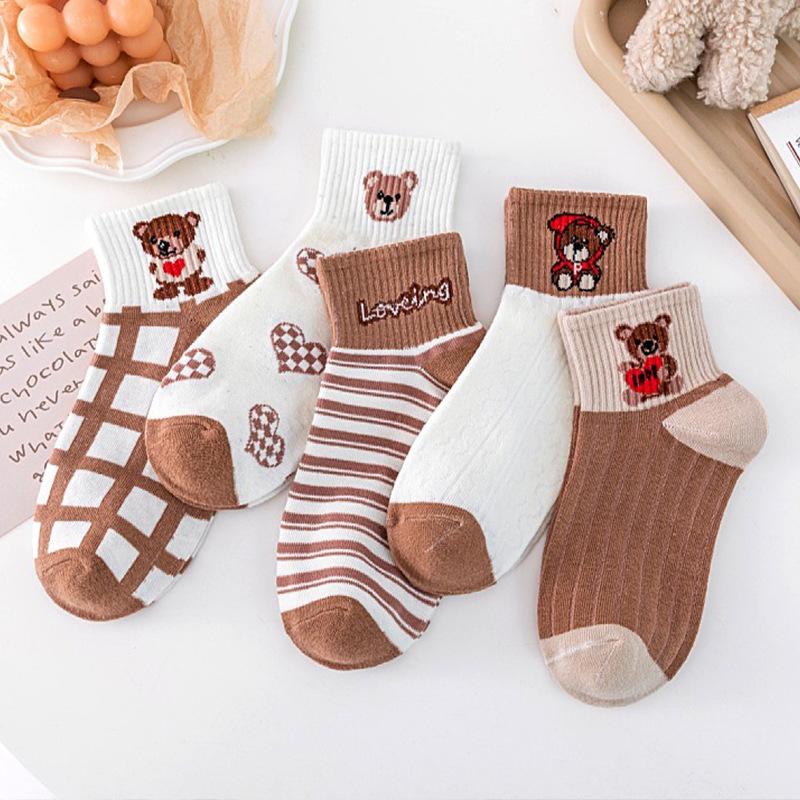 5Pairs Women Cotton Socks Cute Print Princess Two-dimensional Fashion Socks Striped Plaid Ladies Spring Summer Socks