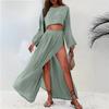 Casual Vacation Style Linen Blended Short Blouse High Waist Chic Slit Cotton And Linen Casual Two Piece Suit