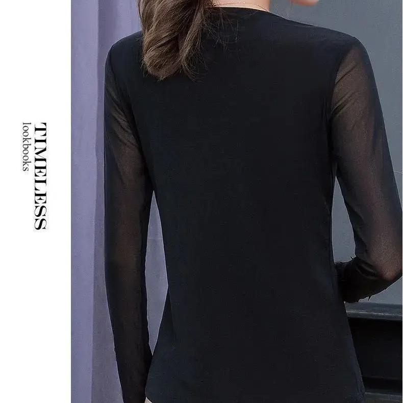 Mesh Bottoming Shirt Women's Spring Autumn New Black T-shirt Fashion Long Sleeved Top M-5XL