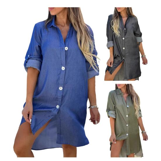 Denim Shirt Dress Shirt Collar Long Sleeves Women A-Line Style Dress Solid Color Single Breasted Knee-Length Dress
