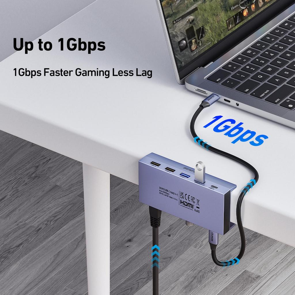 USB-C хаб BENFEI с безопасным зажимом, Gigabit Ethernet, 100W PD, 10Gbps, 2x USB-C, 2x USB-A, совместим с iPad и XPS17, 8-в-1 - HDMI 4K@60Hz, Ethernet, Зарядка, USB-C,