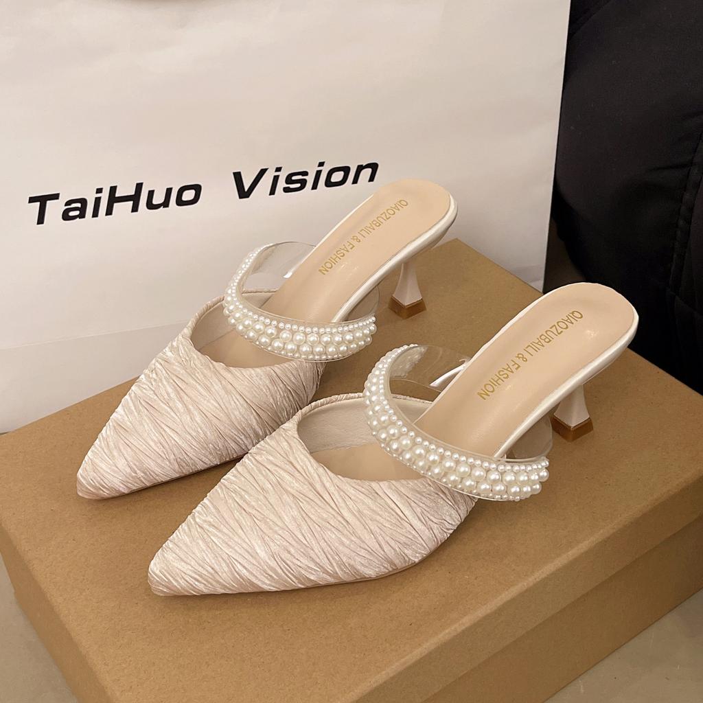 Baotou slippers women's summer wear 2025 pointed tip thin heel rhinestone soft leather comfortable high heel sandals half tray women's shoes