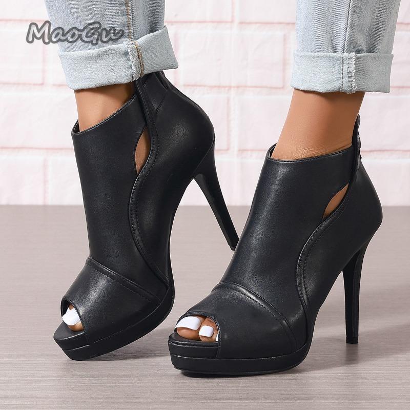 Fashion Large Size Black Thin High Heels Summer Boots Zipper Peep Toe Platform Ankle Boots Women Shoes Botines Para Mujeres Botas Mujer