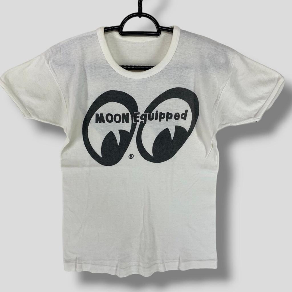 Rare Vintage 70s Moon equipped Moon eyes logo double sided T-Shirt streetwear Kustom Kulture auto parts hot rods collectible white XSmall