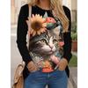 Women's T Shirts Tees Cat 3D Yellow Red Blue Print Long Sleeve Daily Weekend Fashion Funny Round Neck Regular Fit Spring & Fall